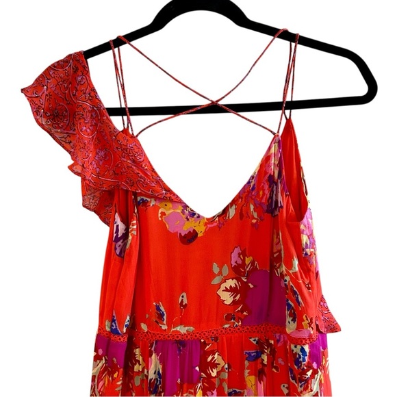 Maeve Grecia Ruffle Midi Dress Sz 0 Red Floral Asymmetrical Flowy Strappy Dress - Picture 4 of 14